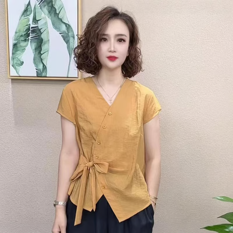 夏季新款重工不規則設計短袖時尚綁帶V領T恤女修身顯瘦上衣女 夏季新款重工不規則設計短袖時尚綁帶V領T恤女修身顯瘦上衣女